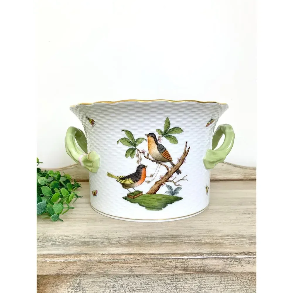Vintage Herend Rothschild Bird Cachepot Large Hand Painted Porcelain Planter